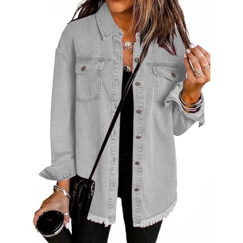 Generisch weisse jacke damen,Damen Retro Casual Denim Jacke Oversized Knopf Jeansjacke Langarm lockerer Boyfriend-Jeansjacke Leichte Fransen Winter Casual Hippie Jean Jacket mit Tasche Große Größen von Generisch