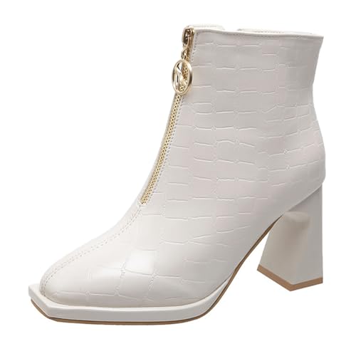 Generisch winterschuhe damen elegant Stiefeletten Damen Winter Wasserdicht Niederung Blockabsatz Halbstiefel Elegant Rutschfest Schlupfschuhe Bequeme Einfarbige Reißverschluß Outdoorschuhe Weiß 38 von Generisch
