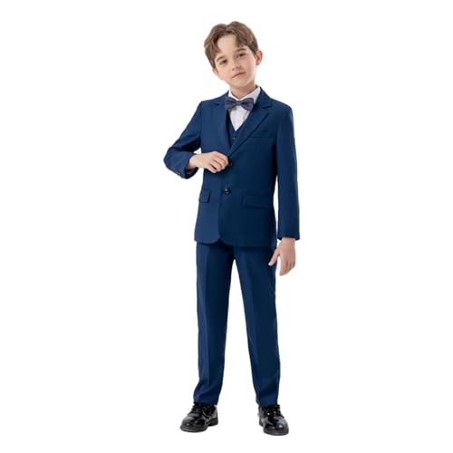 Gentleman Anzug Jungen Business Anzüge Mantel 4 Stück Outfit Smoking Set Für Kinder Formelle Anzug Für Jungen Mit Weste Hosen Pullover Weihnachten Baby (Navy, 6-7 Years) von Generisch