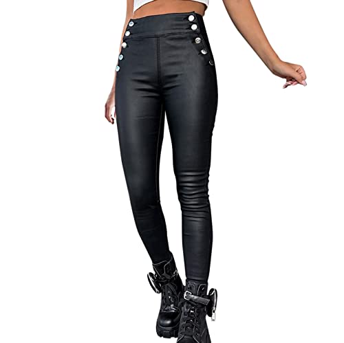 Gerade Leggings für Damen Damen-Strumpfhose aus Kunstleder mit hoher Taille und Knöpfen (Black, S) von Generisch