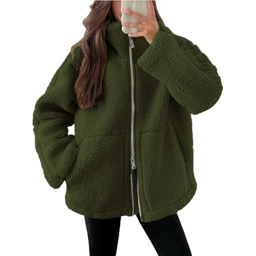 Geschenke für Frauen Teddyjacke Damen Winter Teddyfleece Jacke Doppelschieber Reißverschluss Winterjacke Thermal Teddy Wintermantel Einfarbig Revers Fleecejacke Flauschig von Generisch