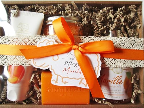 Geschenkset Marille mit 100g Schafmilchseife, 75ml Handcreme, 300g Badesalz und 250 ml Flüssigseife in schöner Geschenkbox von Generisch