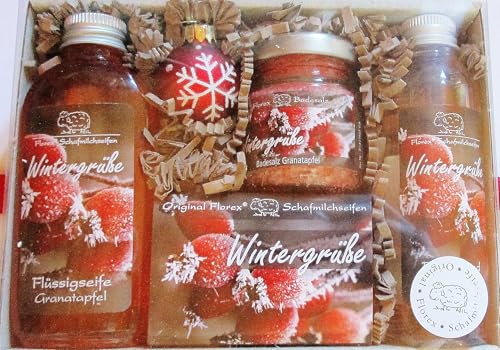 Geschenkset für Weihnachten Pflegeset Damen - Herren, mit 100g Schafmilchseife, 75ml Flüssigseife, 40g Badesalz und 75ml Duschbad in der Geschenkbox -aus Schafmilch - Duft Granatapfel von Generisch