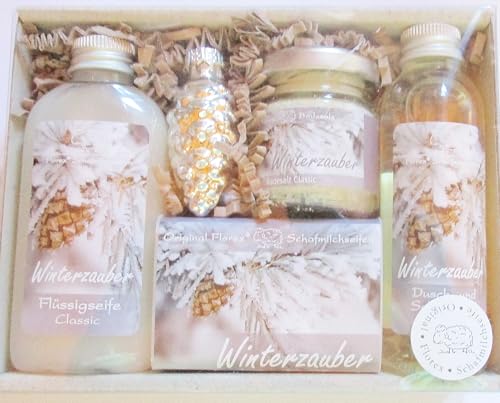 Geschenkset für Weihnachten Pflegeset Weihnachtszeit mit 100g Schafmilchseife, 75ml Flüssigseife, 40g Badesalz und 75ml Duschbad in der Geschenkbox -aus Schafmilch - Duft Zitrone - Damen/Herren von Generisch