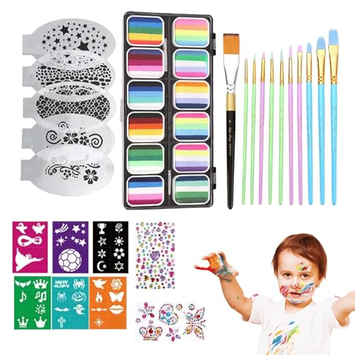 Gesichtsfarbe Set,Gesichtsfarben Set Mit Schablonen | 12-Fach Farbpalette Wasserlösliche Kosmetik Mit Pinseln Schablonen Für Halloween Kindergeburtstag Fasching von Generisch
