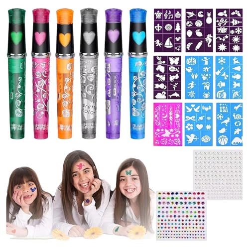 Gesichtsmalerei-Set für Kinder – komplettes Gesichtsbemalungs-Set mit 6 Farbstiften, 9 Schablonen und 2 Aufklebern | Malset für Kinder | Gesichtslackstifte von Generisch