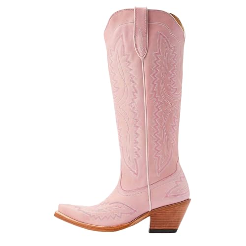 Gestickte kniehohe Damenstiefel mit spitzem Zehenbereich und seitlichem Reißverschluss mit mittelhohem quadratischem Absatz für den Alltag, Pnnrk, 40 EU von Generisch