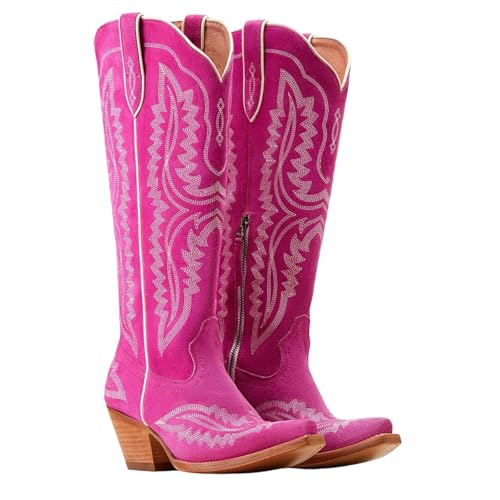 Gestickte kniehohe Damenstiefel mit spitzem Zehenbereich und seitlichem Reißverschluss mit mittelhohem quadratischem Absatz für den Alltag, magenta, 43.5 EU von Generisch