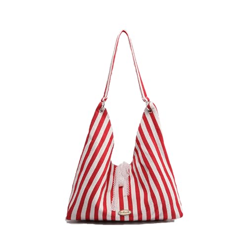 Gestreifte Damen-Tragetasche, stilvolle Spitze verzierte Schulter-Handtasche, geräumige Geldbörse für Einkaufsausflüge, lässiges Pendeln, langlebiges Design, rot, 13.77*3.14*13.77 in Gestreifte Damen-Tragetasche, stilvolle Spitze verzierte Schulter-Handtasche, geräumige Geldbörse für Einkaufsausflüge, lässiges Pendeln, langlebiges Design, rot, 13.77*3.14*13.77 in von Generisch