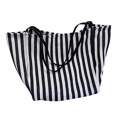 Gestreifte Tasche, große Canvas-Tragetasche für Damen, Sommer, Strand, klassischer Stoff, weich, groß, lässig, Tragegriff oben, kleine Tragetasche, Schwarz , Einheitsgröße von Generisch