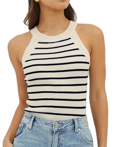 Gestreiftes Camisole für Damen, Sommer, gestreift, Stretch, Rippstrick, schmale Passform, weiß, XL Gestreiftes Camisole für Damen, Sommer, gestreift, Stretch, Rippstrick, schmale Passform, weiß, XL von Generisch