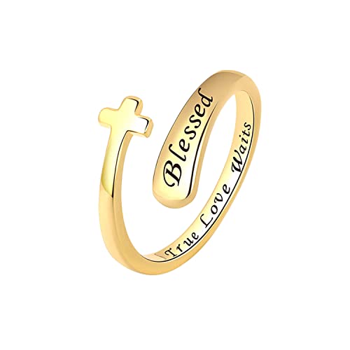 Gilieyer Gesegnete Kreuz Ringe, Christlicher Ring Offener Verstellbar Religiöse Inspirierende Ringe Jesus Bibel Kreuz Schmuck für Frauen Mädchen Herren (Blessed Gold) von Generisch