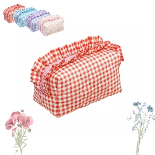 Gingham Ruffle Makeup Bag, Ruffle Pouch Polka Dot or Gingham Pouches, for Women Travel Daily Use Bridesmaid Gifts, Trendy Stuff (red) von Generisch