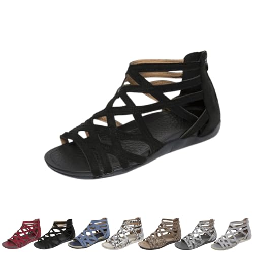 Gladiator Sandals for Women Cross Strappy Flat Sandals Womens Comfort Wedge Slide Sandale Open Toe Low Heel Non-Slip Roman Shoes Zipper (Black, Erwachsene, 38, Numerisch, EU Schuhgrößensystem, M) von Generisch