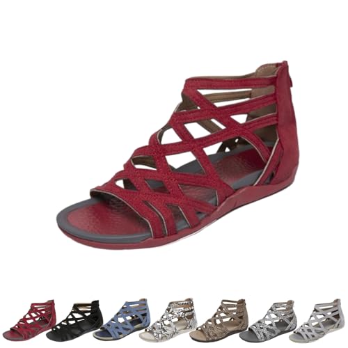 Gladiator Sandals for Women Cross Strappy Flat Sandals Womens Comfort Wedge Slide Sandale Open Toe Low Heel Non-Slip Roman Shoes Zipper (Wine, Erwachsene, 38, Numerisch, EU Schuhgrößensystem, M) von Generisch