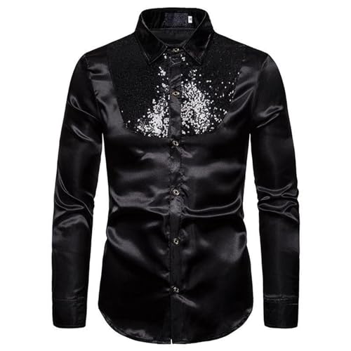 Glänzende Metallic-Hemden für Herren Glitzer Hemd Langarm Satin Hemd mit Pailletten Retro 70er Disco Outfit Fasching Oberteile Button Down Shirts Goldenes Silber Party Nachtklub Karneval Kostüm von Generisch