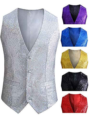 Glänzende Pailletten Anzug Herren Weste V-Ausschnitt Glitzer Weste für Party Club Herren Pailletten 70er Ärmellos Glitzer Mantel Disco Karneval Kostüm Rave Outfit Paillettenweste Gilet Anzugweste von Generisch