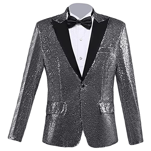 Glänzender Pailletten Anzugsblazer für Herren Ein Knopf Pailletten Festival Party Smoking Schmal Geschnittener, Stilvoller Bankett Abschlussball Hochzeits Sportmantel (Silber,XL) von Generisch