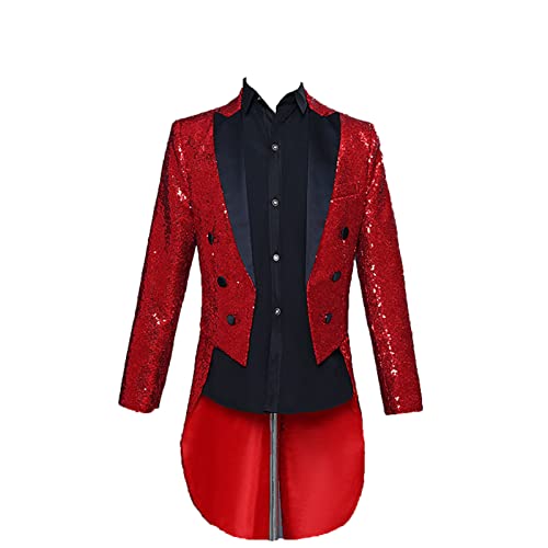 Glänzender Pailletten Frack für Herren Schmal Geschnittener Partyshow Blazer mit Schwalbenschwanz StilVoller Abend Hochzeits Abschlussball-Smoking-Frack (Rot,3XL) von Generisch