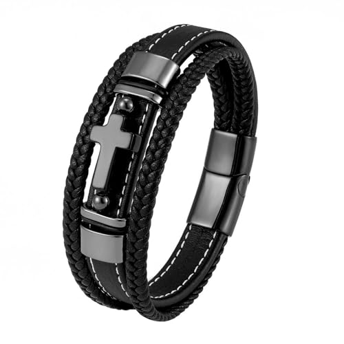 Glaube Lederarmband für Männer Obsidian Kreuz Armband Frauen Gold Geschichtet Handgefertigt Geflochtene Manschette Armreif Katholische Armbänder Schmuck Zubehör Schwarz 23Cm von Generisch