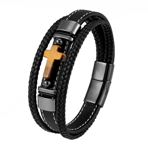 Glaube Lederarmband für Männer Tigerauge Stein Kreuz Armband Frauen Gold Geschichtet Handgefertigt Geflochten Manschette Armreif Katholische Armbänder Schmuck Zubehör Schwarz 21Cm von Generisch