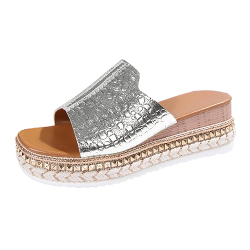 Glitzer Hausschuhe Damen Sommer Plateau Sandaletten Leicht Freizeit Strandschuhe Mode Leder Sandalen Bohemia Sandals mit Strass Elegant Bequem Keilsandalen Offene Zehen Slippers Sommerschuhe von Generisch