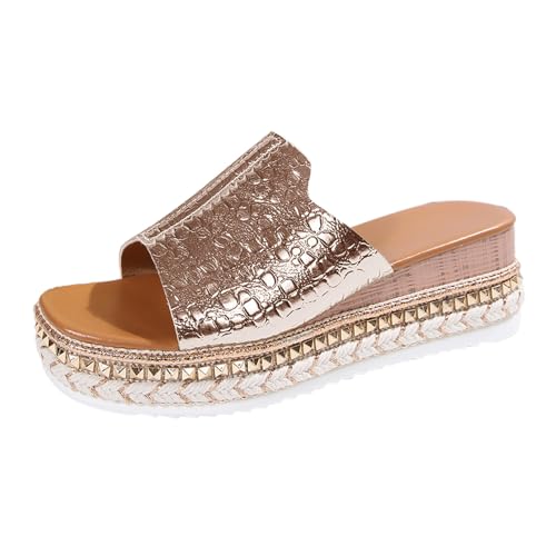 Glitzer Hausschuhe Damen Sommer Plateau Sandaletten Leicht Freizeit Strandschuhe Mode Leder Sandalen Bohemia Sandals mit Strass Elegant Bequem Keilsandalen Offene Zehen Slippers Sommerschuhe von Generisch