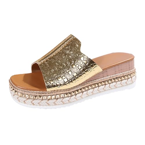 Glitzer Hausschuhe Damen Sommer Plateau Sandaletten Leicht Freizeit Strandschuhe Mode Leder Sandalen Bohemia Sandals mit Strass Elegant Bequem Keilsandalen Offene Zehen Slippers Sommerschuhe von Generisch