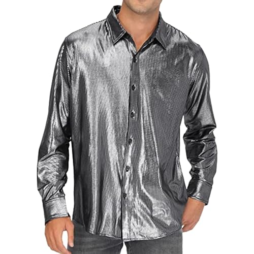 Glitzer Hemd Herren 70er Jahre Outfit Herrenhemd Metallic Glänzend Nachtklub Pailletten Shirt Langarm Retro Partyshirt Fasching Oberteile Freizeithemd Glitzerhemd Disco Party Karneval Kostüm von Generisch