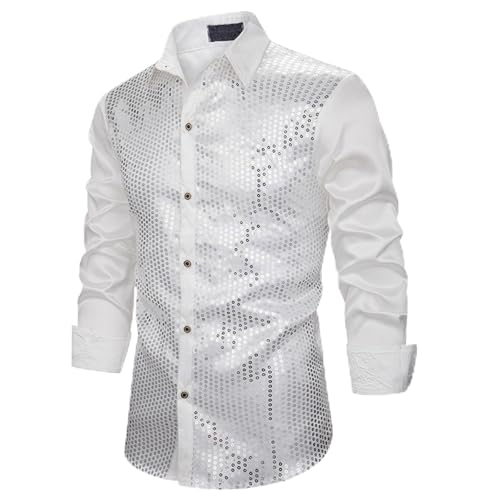 Glitzer Hemd Herren 70er Jahre Outfit Herrenhemd Metallic Glänzend Nachtklub Pailletten Shirt Langarm Retro Partyshirt Fasching Oberteile Freizeithemd Glitzerhemd Disco Party Karneval Kostüm von Generisch