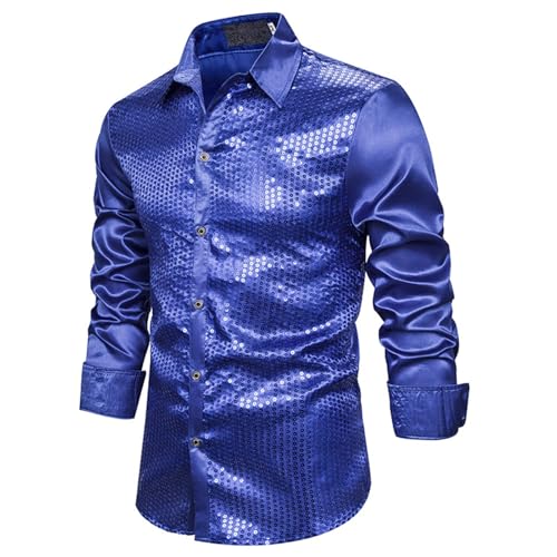 Glitzer Hemd Herren 70er Jahre Outfit Herrenhemd Metallic Glänzend Nachtklub Pailletten Shirt Langarm Retro Partyshirt Fasching Oberteile Freizeithemd Glitzerhemd Disco Party Karneval Kostüm von Generisch