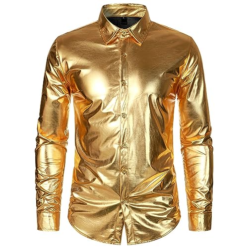Glitzer Hemd Herren Gold Langarm Pailletten Hemd Shirt 70er Disco Party Oberteil Tops Männer Karneval Kustüm Metallic Hemden Goldenes Silber Langarmshirt Button Down Shirts 80er Jahre Outfit Clubwear von Generisch