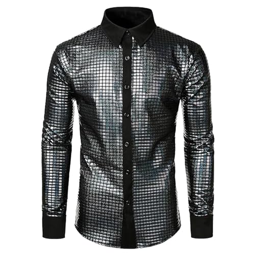 Glitzer Hemd Herren Langarm Pailletten Kleid Glänzende Metallic Glitzerhemd Freizeithemd Glitzer Hemd 70er Disco Party Outfit Karneval Kustüm (Black #4, XL) von Generisch