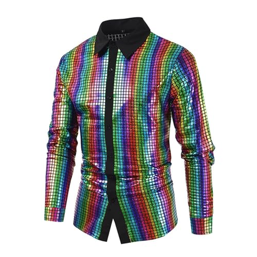 Glitzer Hemd Herren Langarm Pailletten Kleid Glänzende Metallic Glitzerhemd Freizeithemd Glitzer Hemd 70er Disco Party Outfit Karneval Kustüm (Blue #3, L) von Generisch