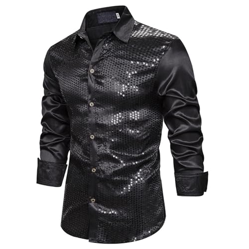 Glitzer Hemd Herren Pailletten Hemd Metallic Glänzend Hemden Langarm Slim Fit Glitzerhemd Männer Knopfleiste Casual Hemd Silvester Festliche Rave Party Kostüm 70er Karneval Disco Freizeithemd von Generisch