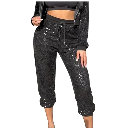 Glitzer Hose Damen - Freizeithose Damen Glitzer Pailletten Hosen Hohe Taille Dehnbar Hip Hop Club Glänzende Hose Elegant Jogginghose Party Club Kostüm mit Drawstring Baggy Paillettenhose für Frühling von Generisch