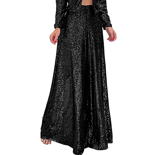 Glitzer Hose Damen Lang Große Größen - Marlenehose Damen Elegant Festlich Hohe Taille Palazzohose Locker Pailletten Hose Weites Bein Stoffhose Karneval Kostüm Party Performance-Kostüm Silvester von Generisch