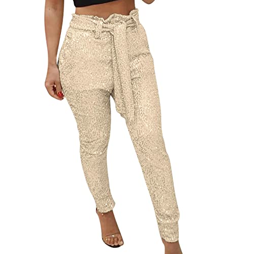 Glitzer Hose Damen Pailettenhose Pailletten Hose Damen Glitzer Leggings Damen Hosen Elegant Hip Hop Club Glänzende Hose Party Club Kostüm Freizeithose mit Drawstring Karneval Kostüm von Generisch