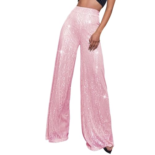 Glitzer Hose Damen Shining Glitzerhose Pailletten Hose Damen Silvester Festival High Waist Palazzo Lang Weite Hose Party Glitzer Silber Bling 70er Hose Rave Silvester Freizeithose Hosen (L) von Generisch