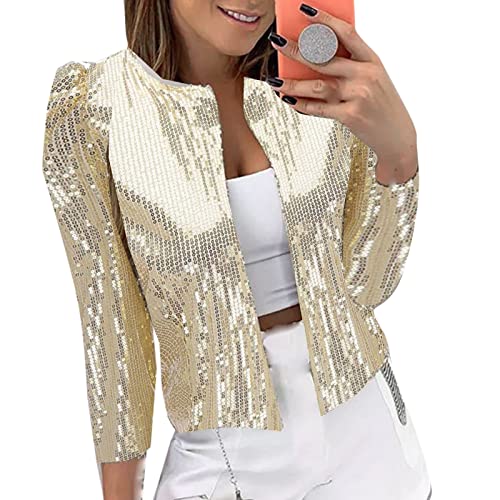 Glitzer Jacke Damen Fasching Open Front Pailletten Blazer Langarm Elegant Glitzer Cardigan Festliche Party Bolerojacke Casual Cropped Pailletten-Cardigan Leicht Mantel Strickjacke Paillettenjacke von Generisch