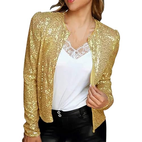 Glitzer Jacke Damen Fasching Open Front Pailletten Blazer Langarm Elegant Glitzer Cardigan Festliche Party Bolerojacke Casual Cropped Pailletten-Cardigan Leicht Mantel Strickjacke Paillettenjacke von Generisch