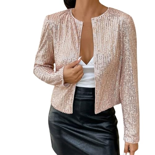 Glitzer Jacke Damen Gold Fasching Pailletten Jacke Bomberjacke Strickjacke Kurz Offene Cardigan Langarm Bolero Dünne Ohne Knöpfe Paillettenjacke Bolerojacke Langarm Party Club Metallic Jacket von Generisch