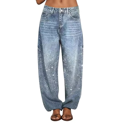 Glitzer Jeans Damen Weites Bein Baggy Jeans Damen High Waist Hellblaue Jeans Mit Strasssteinen Wide Leg Jeanshose Freizeithose Gerades Bein Mädchen von Generisch