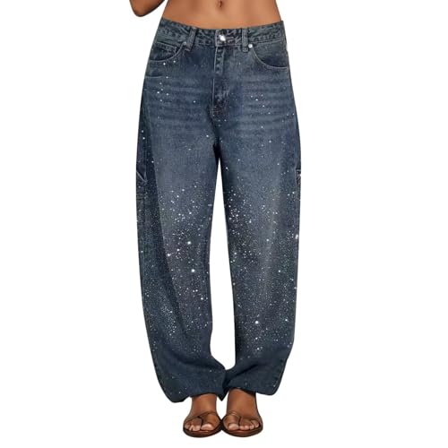 Glitzer Jeans Damen Weites Bein Baggy Jeans Damen High Waist Hellblaue Jeans Mit Strasssteinen Wide Leg Jeanshose Freizeithose Gerades Bein Mädchen von Generisch
