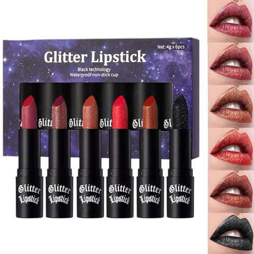Glitzer Lippenstift,Abriebfester Lipgloss - 6er Set Damen Glitzer Lipgloss Für Alltag Party Reise Halloween Make Up von Generisch