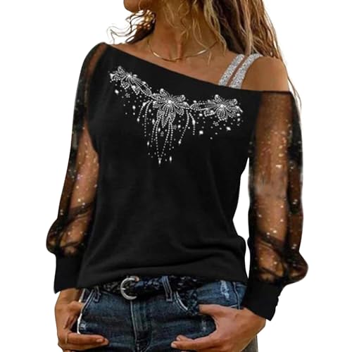 Glitzer Oberteil Festliche Oberteile Damen Schulterfreies Glitzer Shirt Elegant Silvester Outfit Damenblusen Langarm Schickes Pailletten Oberteil Glitzer Langarmshirt Blusen Spitzen Oberteile Damen von Generisch