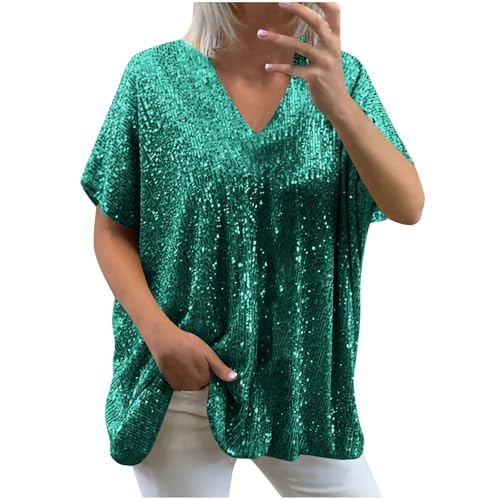 Glitzer Oberteil Für Damen V-Ausschnitt Große Größen Elegantes Schwarzer T Shirt Casual Festlich Weite Glitzerbluse Monofarbig Elegant Tshirt Party Kurzarm Damenblusen 3XL von Generisch