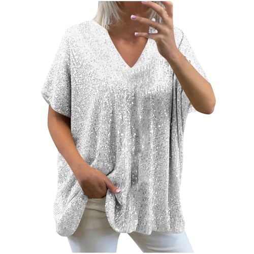 Glitzer Oberteil Für Damen V-Ausschnitt Y2k Basic Schwarz T-Shirt Casual Große Größen Weite Glitzertop Monofarbig Festliches T Shirt Modern Kurzarm Damenblusen XXL von Generisch