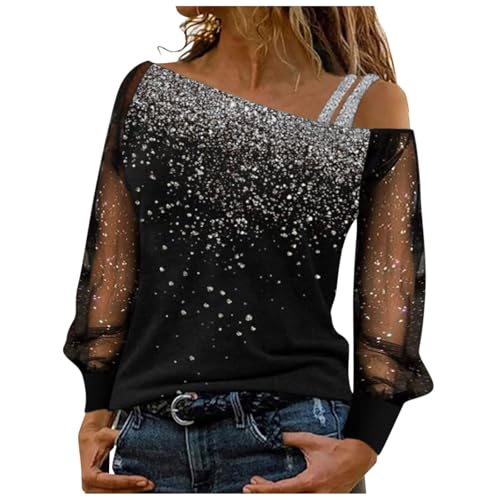 Glitzer Oberteile Damen Elegante Festliche Blusen Langarm Spitzen Pailletten Shirt Mesh Silvester Outfit Pailletten Oberteil Schulterfrei Glitzer Langarmshirt Tunika Festliche Blusen Spitzen von Generisch