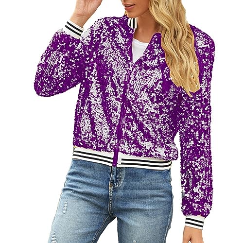 Glitzer Oberteile Damen Pailletten Blazer Damen Glitzer Jacke Damen Karneval Kostüm Damen Pailletten Reißverschluss Langarm Jacken Blazer Sakko Pailletten Blazer Jacke Kurz Sakko RaveParty Bomberjacke von Generisch